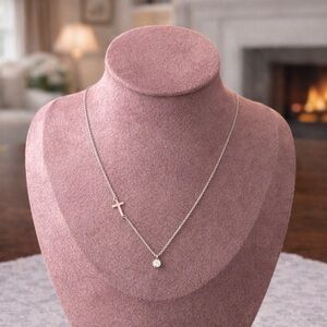 Brand New! Silver Necklace With Cross And CZ Accent